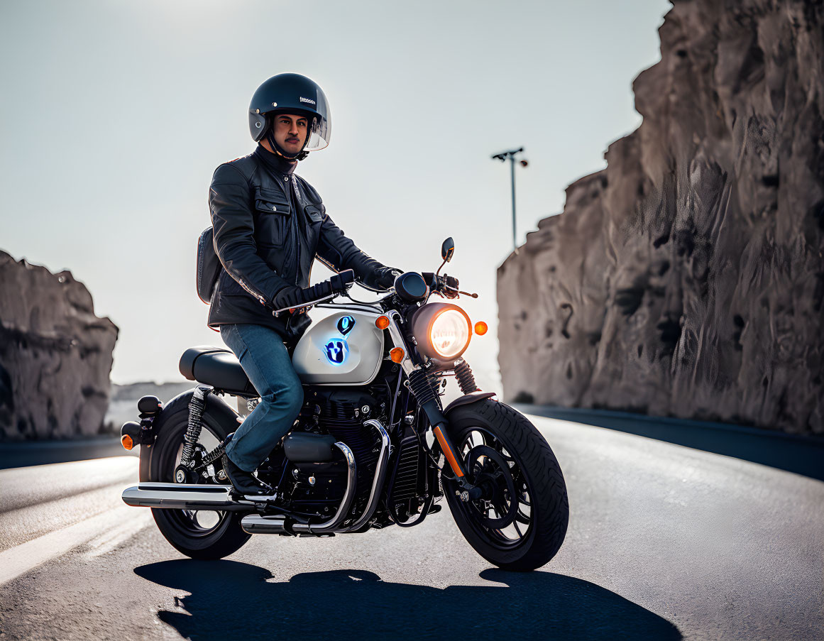 Person in black helmet rides BMW motorcycle on sunlit road with cliffs