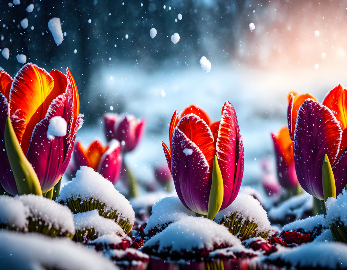 Colorful Tulips and Snowflakes in Winter Scene