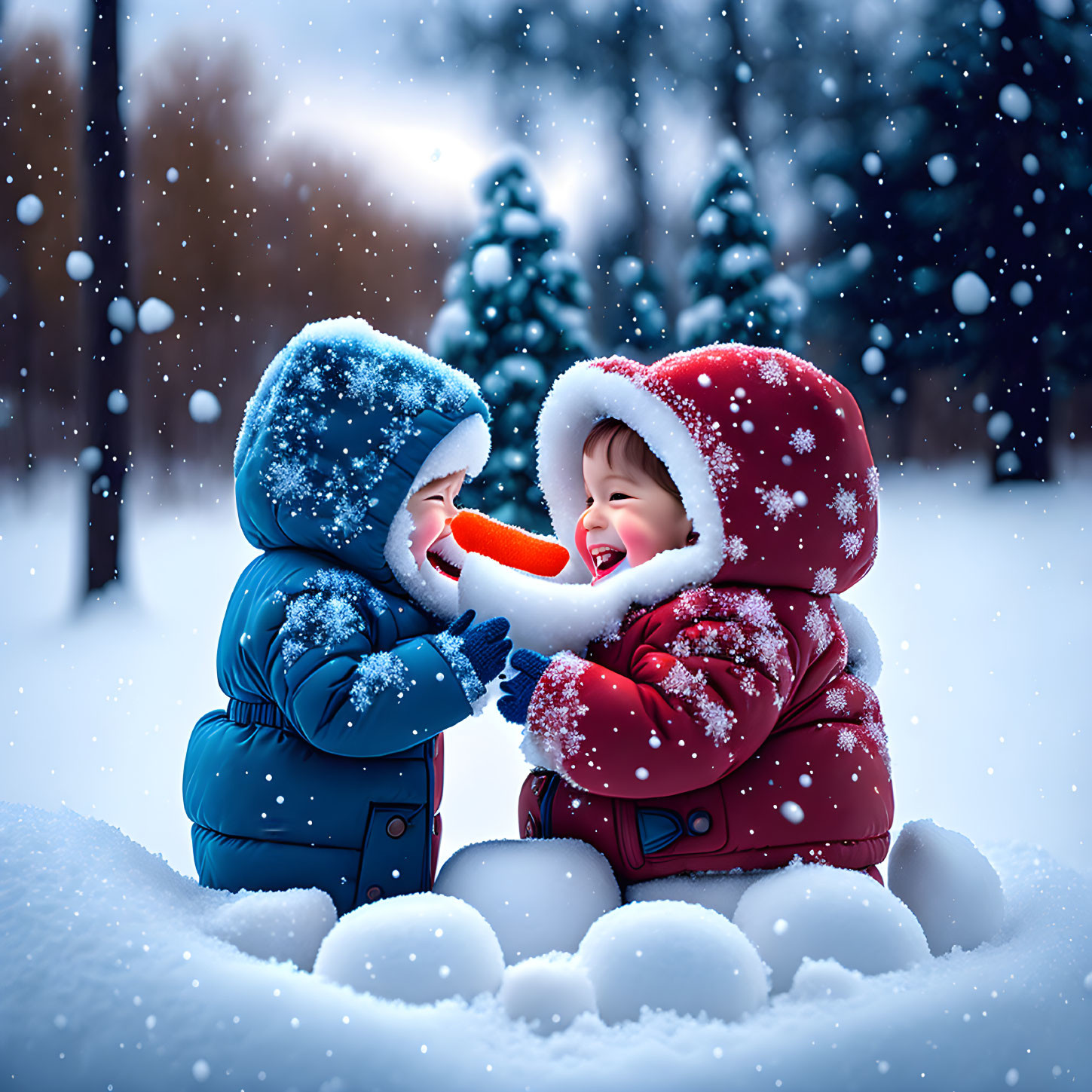 Two toddlers sharing a carrot nose in snowy winter scene.