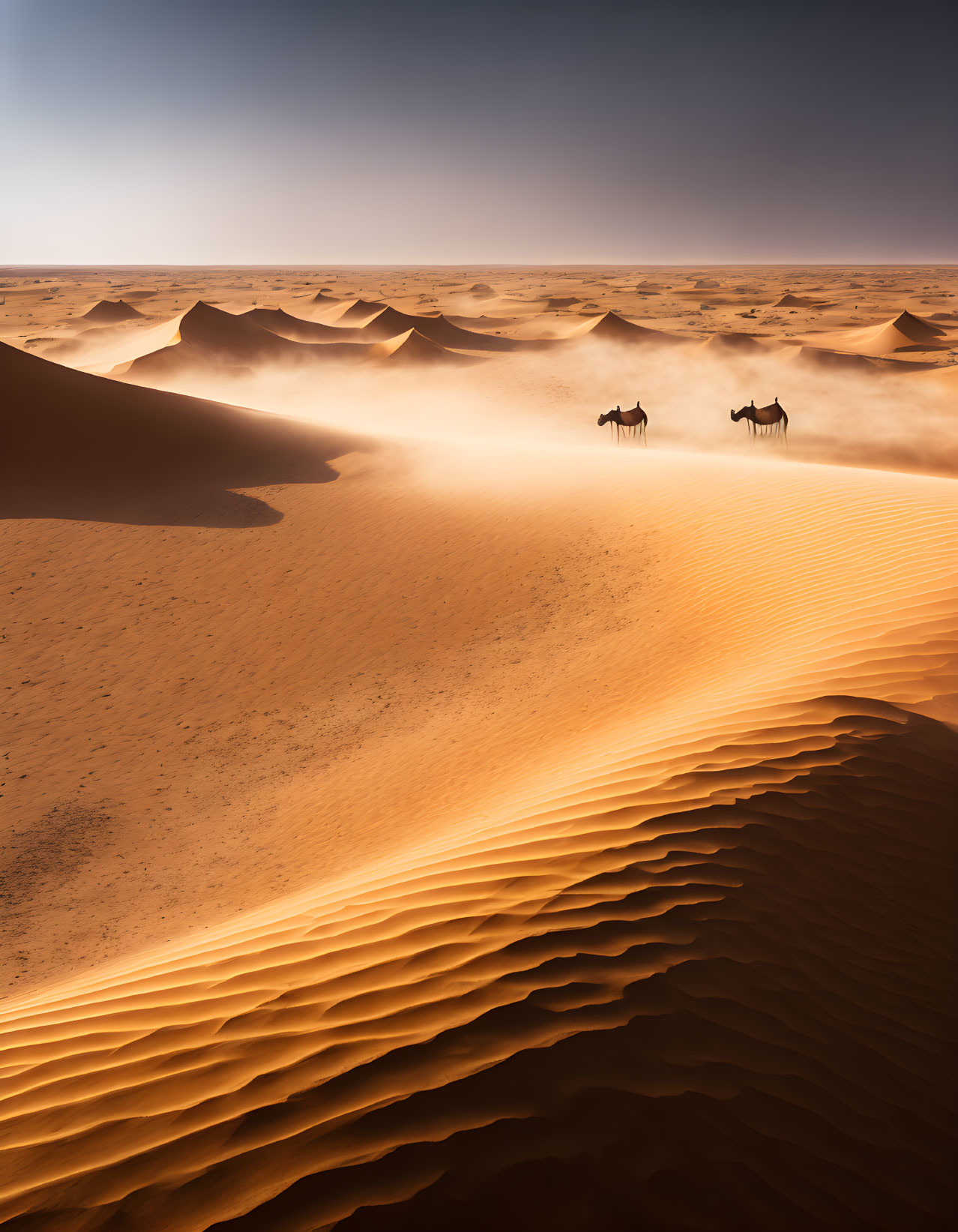 Golden Sand Dunes Desert Sunset with Camel Caravan Silhouette