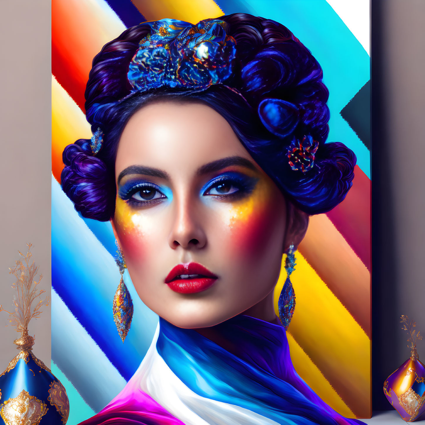 Vibrant digital portrait of woman with blue headwear and teardrop earrings