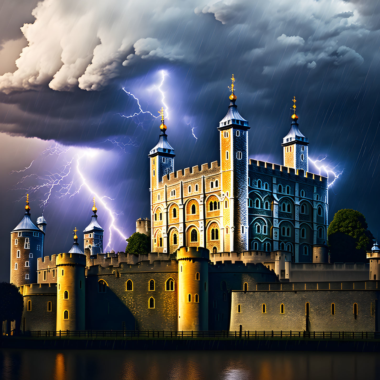 Historic castle illuminated at night in stormy weather