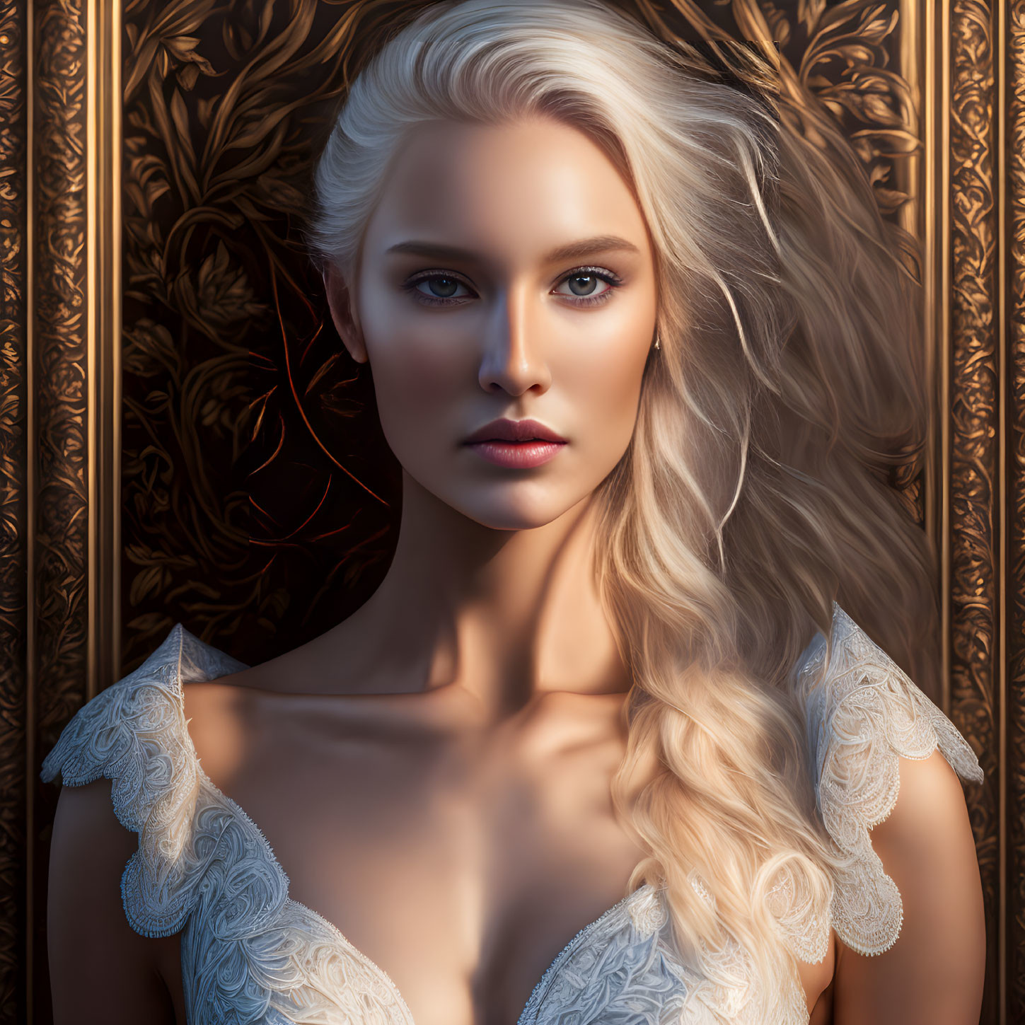 Portrait of woman with platinum blonde hair and fair skin against golden backdrop in white lace garment