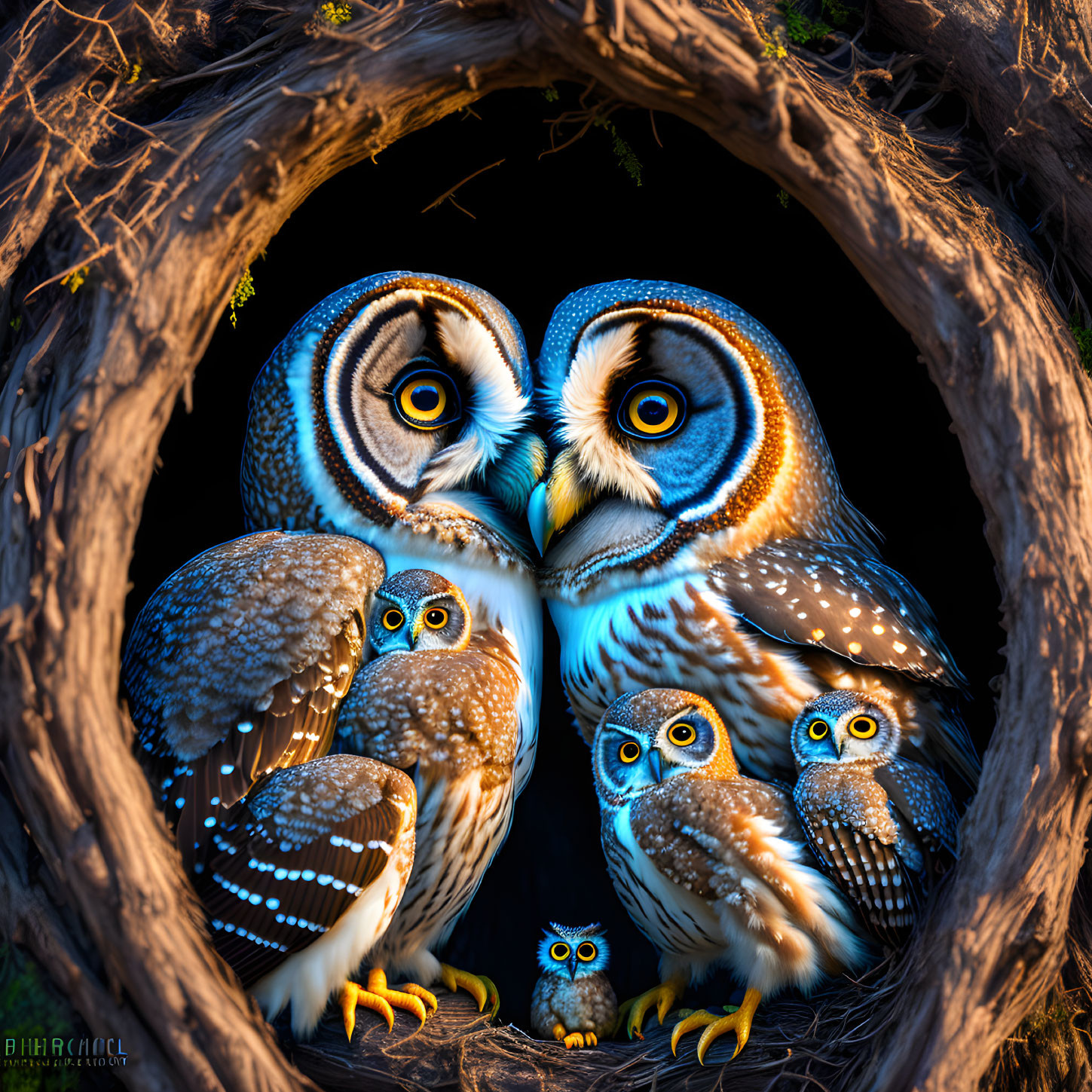 Seven stylized owls with blue eyes in circular tree hollow on dark background