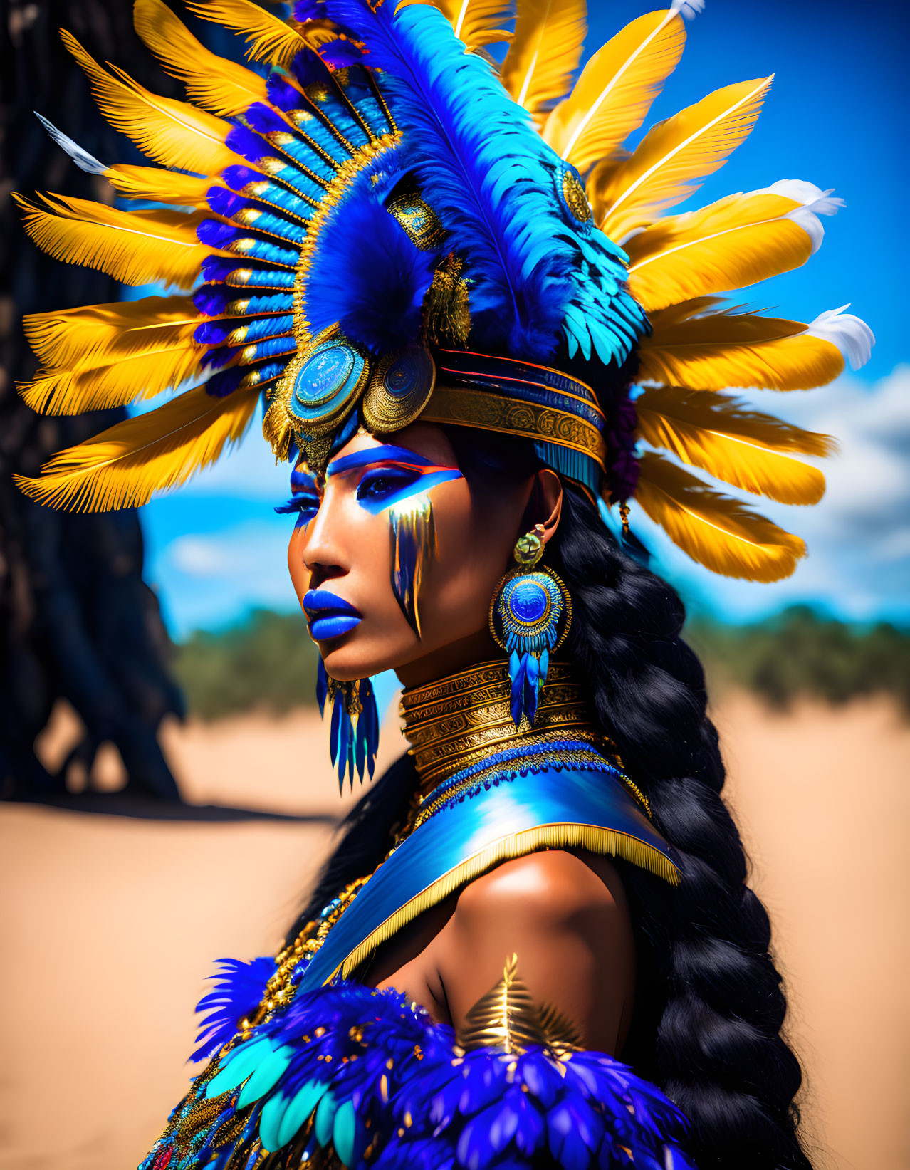 Colorful portrait of person in blue and yellow feathered headdress against desert backdrop