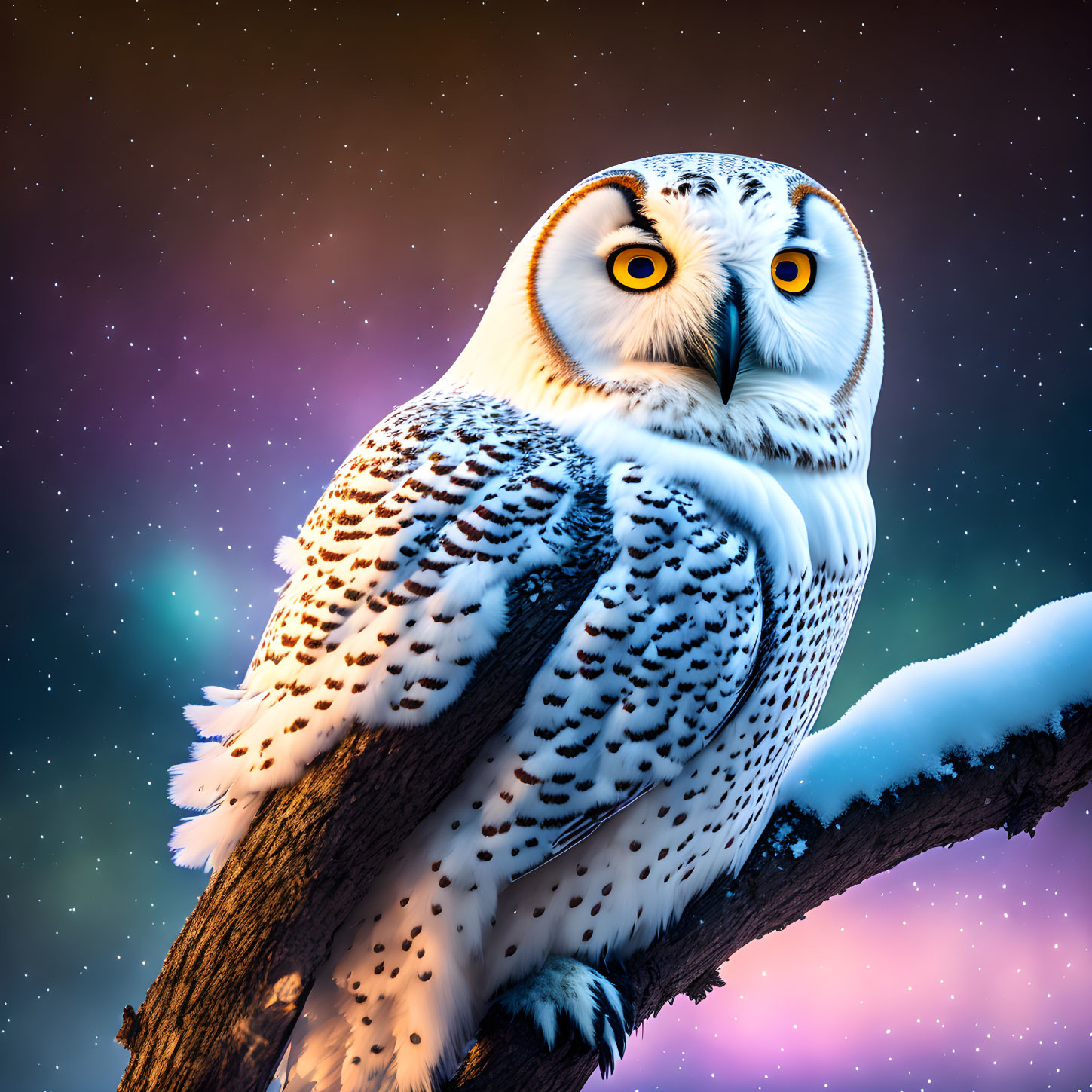 Snowy Owl Perched on Branch in Twilight Sky with Aurora Hues