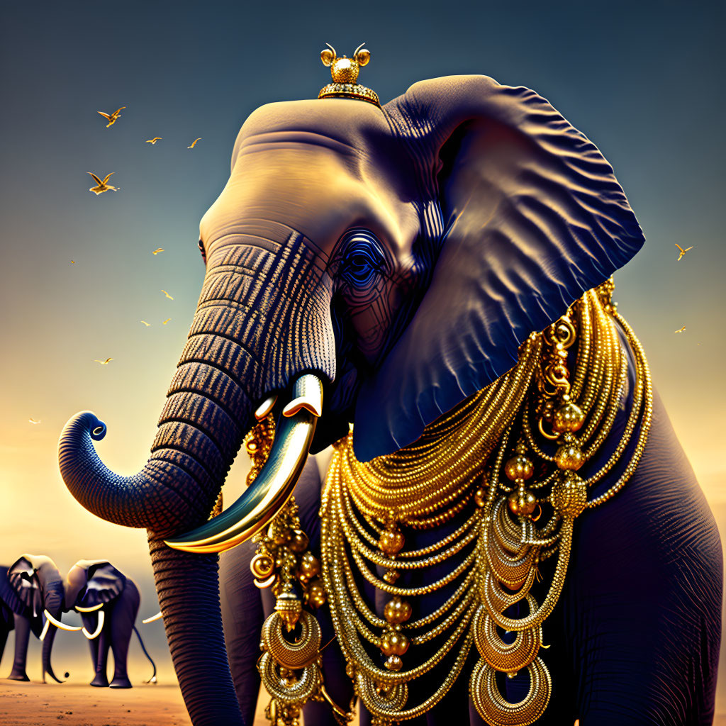 Majestic elephant with golden jewelry at sunset