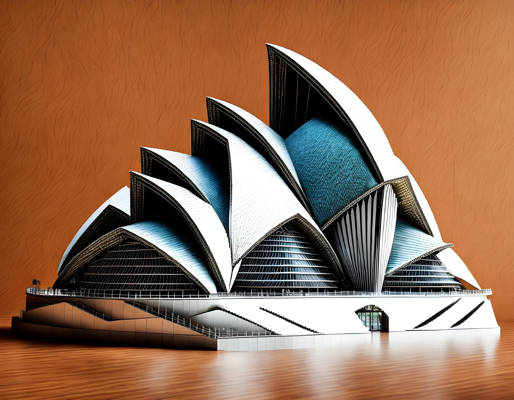 Exaggerated Sydney Opera House digital art on textured orange background