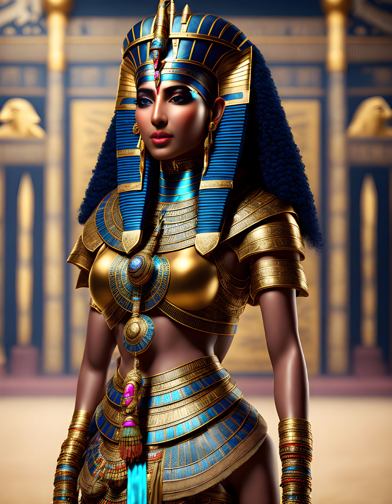 Digital artwork of a woman as an Egyptian pharaoh with golden attire in temple setting