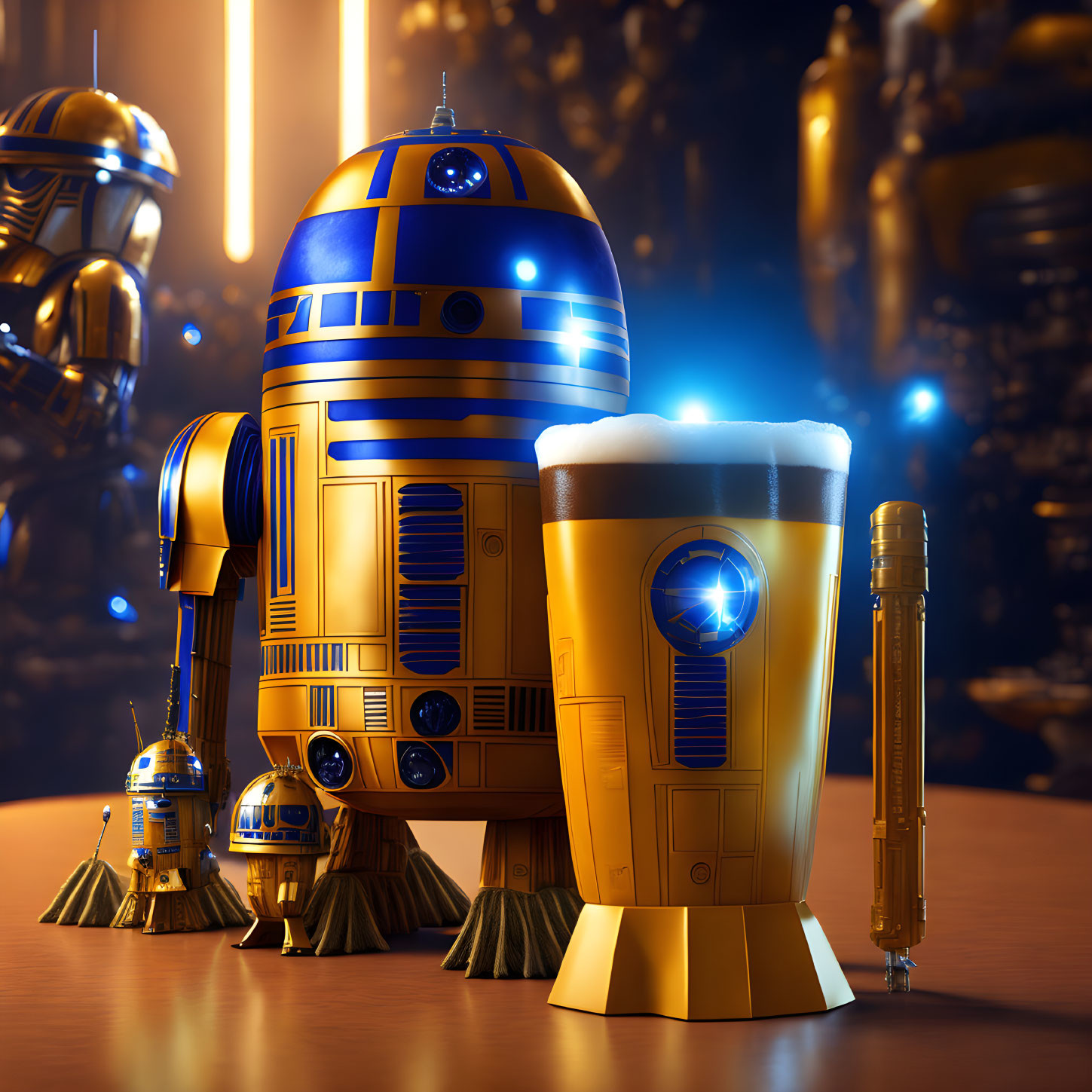 Stylized R2-D2 Droid, Beer Glass, Lightsaber, and Droids in