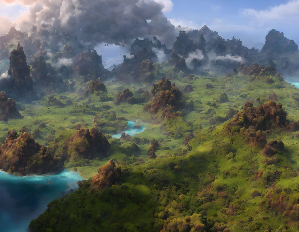 Fantastical landscape with lush greenery, rocky outcrops, and blue water.