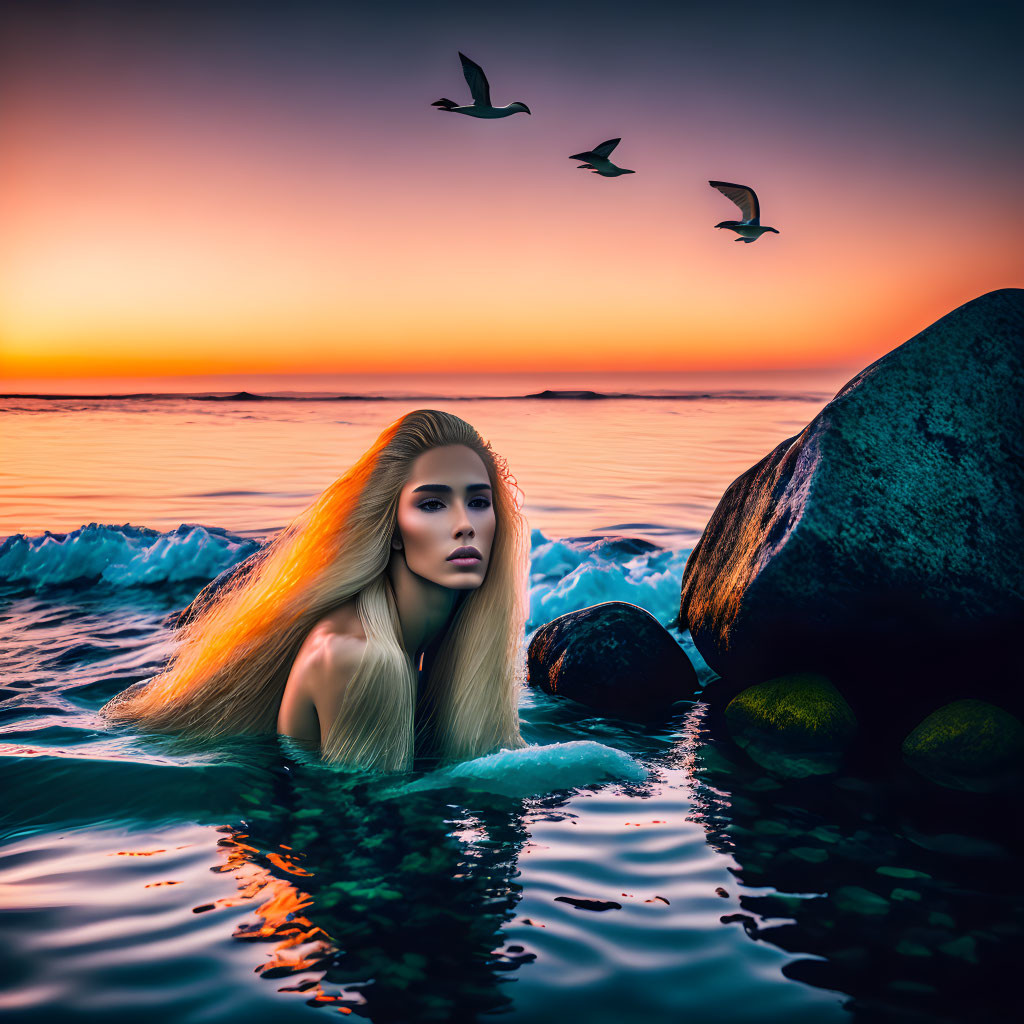 Blonde woman in ocean water at sunset with birds flying