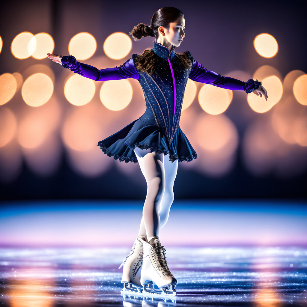 Figure skater in dark blue costume on ice rink with white skates under warm glowing lights