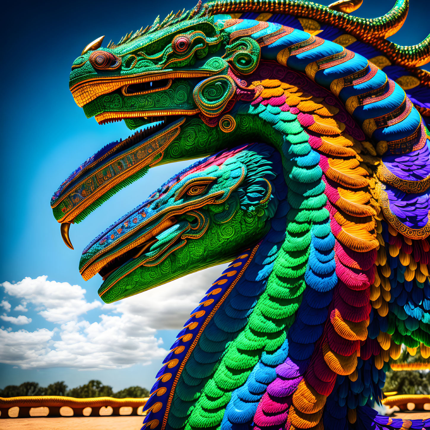 Colorful Dragon Sculpture with Detailed Patterns Against Blue Sky