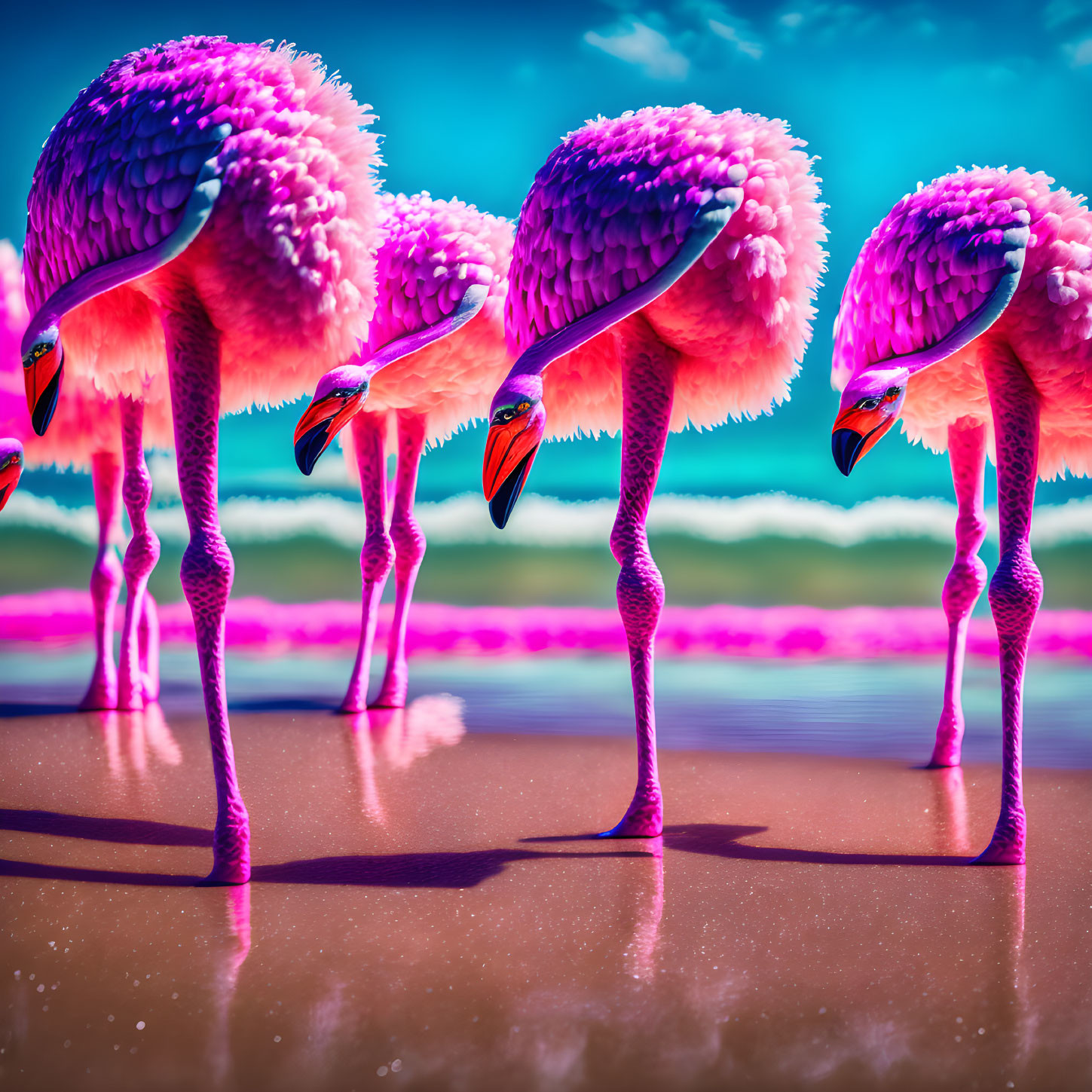 Vibrant pink flamingos in shallow water under surreal purple sky