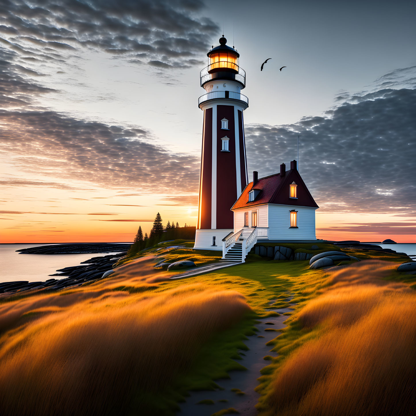 Coastal sunset scene with red and white lighthouse, staircase, house, and dramatic clouds