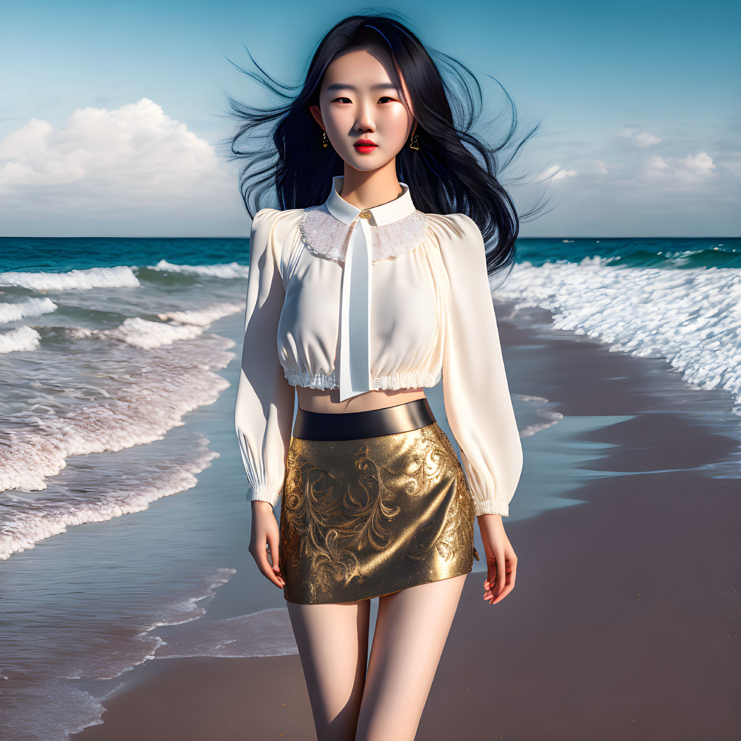 Dark-haired woman in white blouse and gold skirt on beach with blue sky