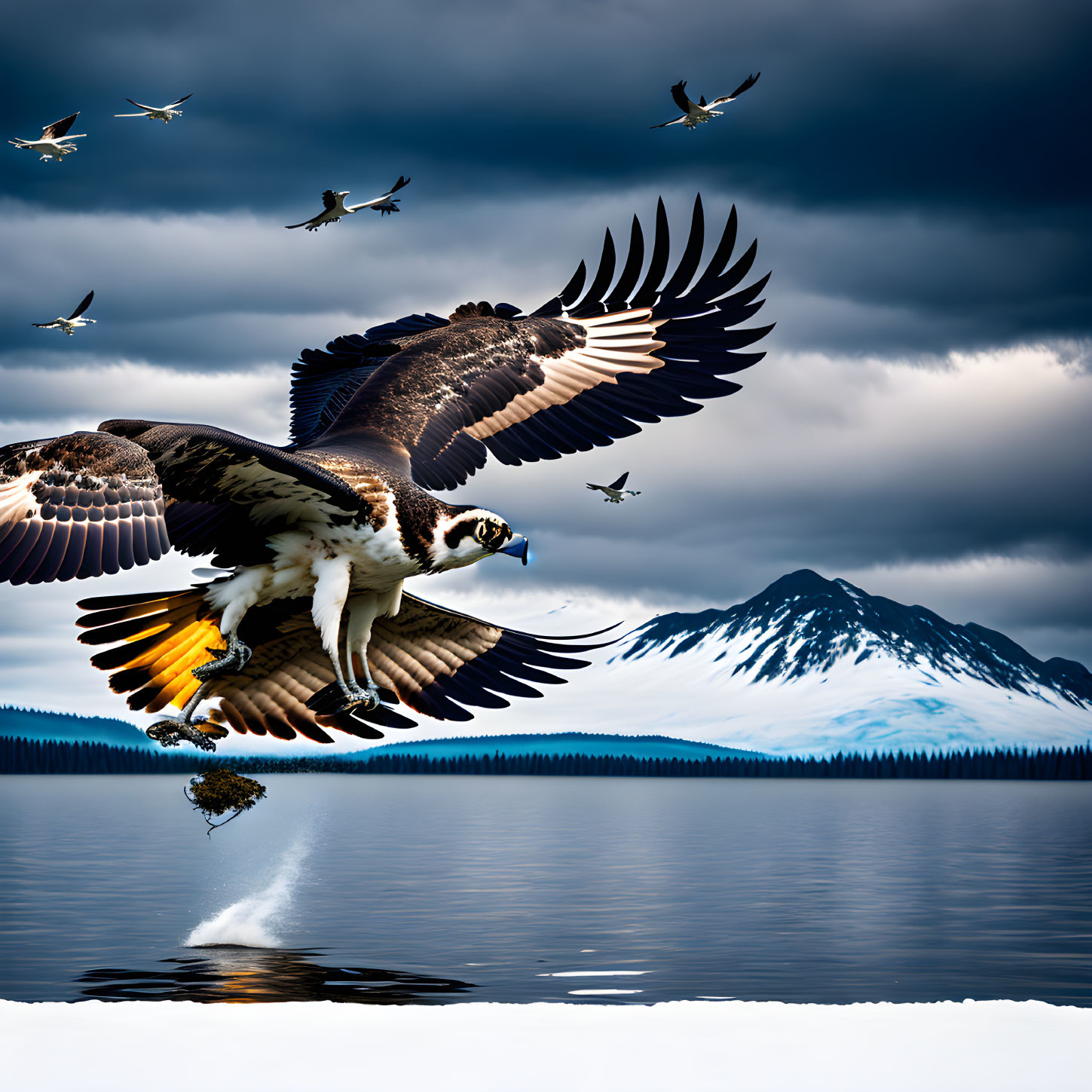 Osprey flying with fish over lake, birds, snowy mountains & stormy skies