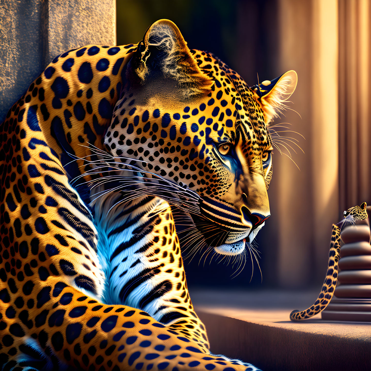 Detailed digital art: Large jaguar with focused expression, small cub in background