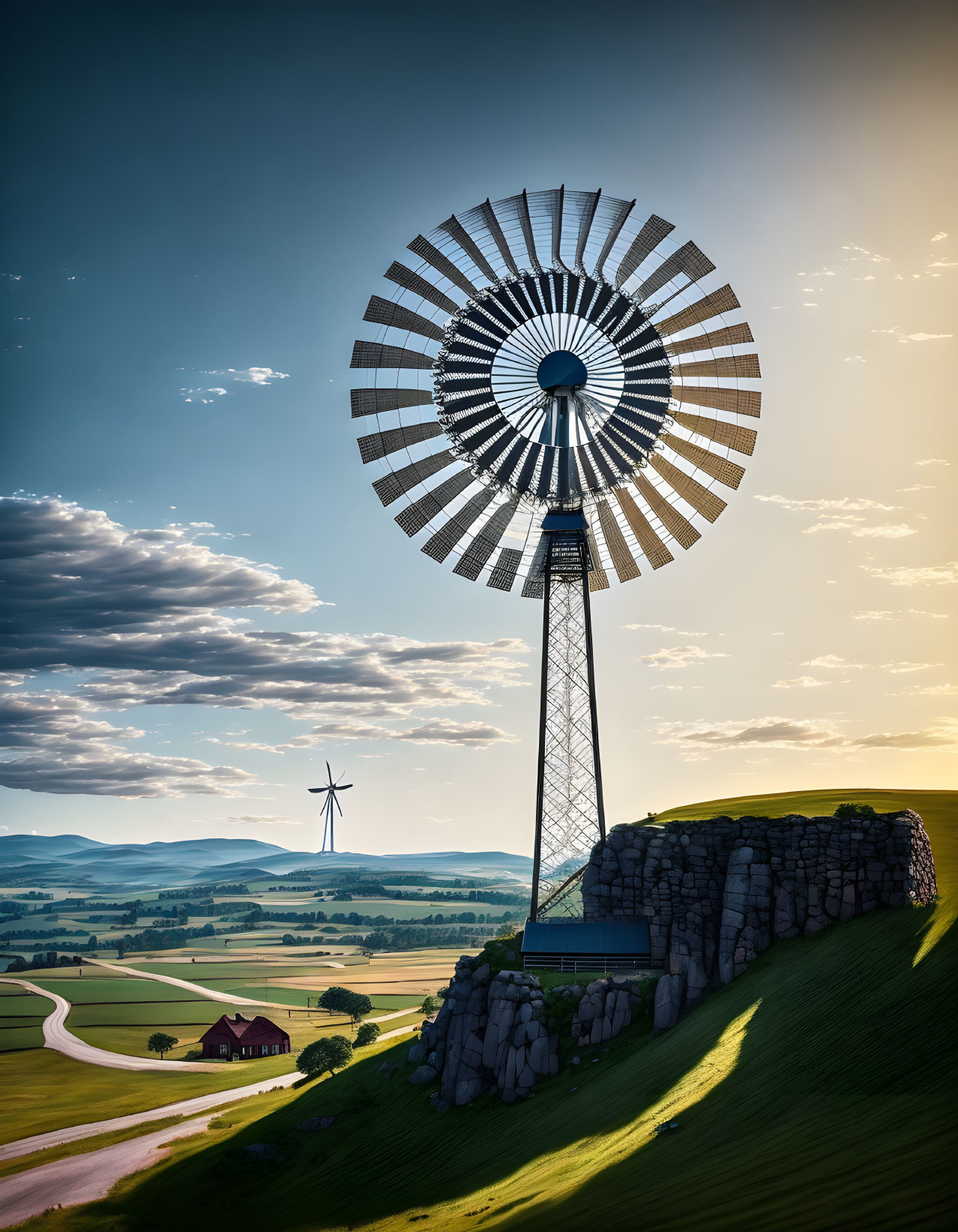 Innovative windmill design on green hills with traditional turbines and rural backdrop