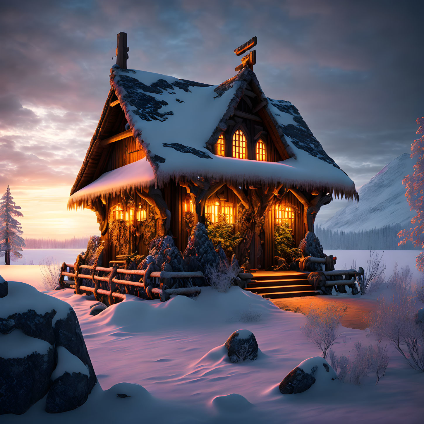 Snow-covered cabin in serene winter landscape