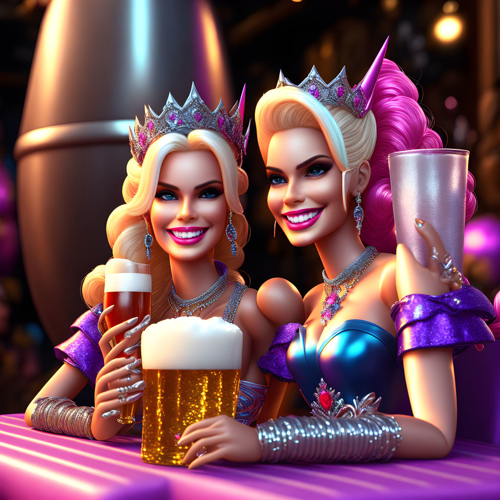 Two women in crowns and royal attire with beer glasses in a bar setting