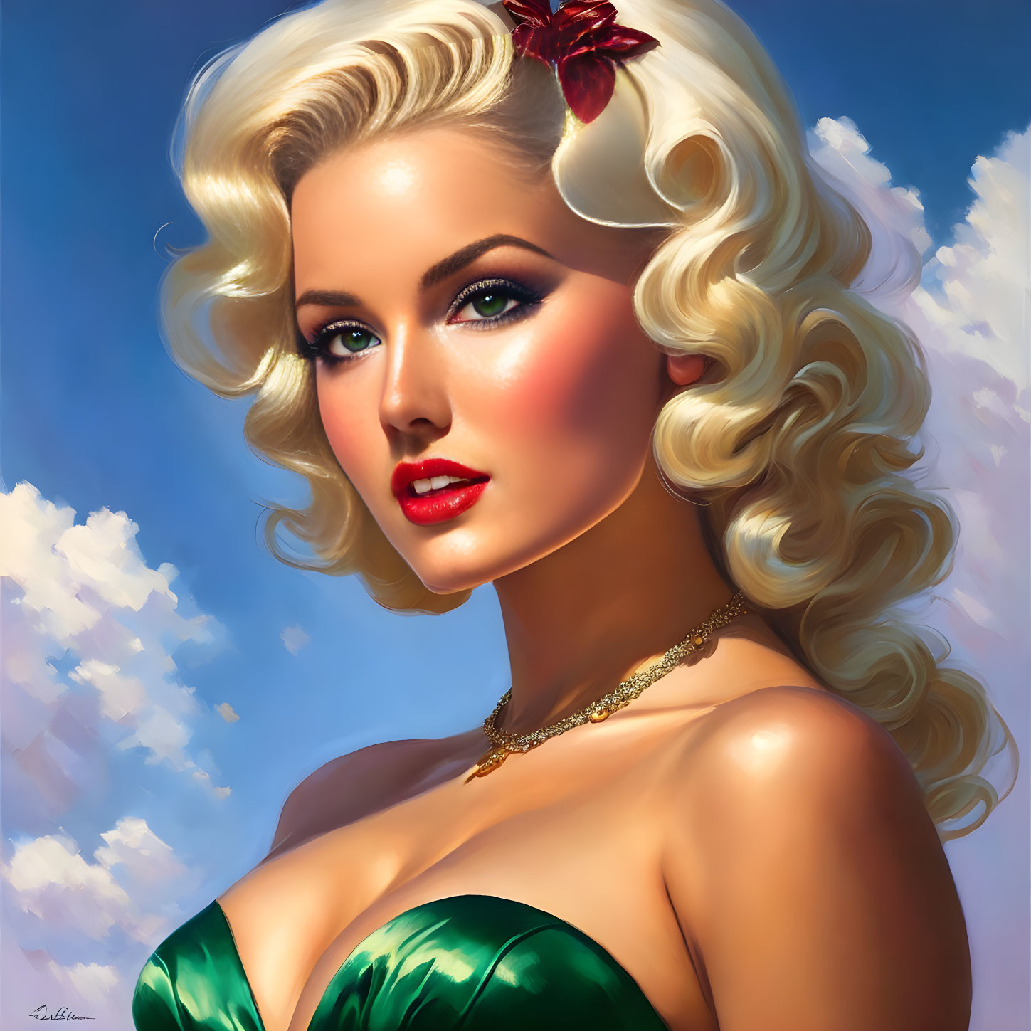 Blonde woman portrait with red lips and green dress