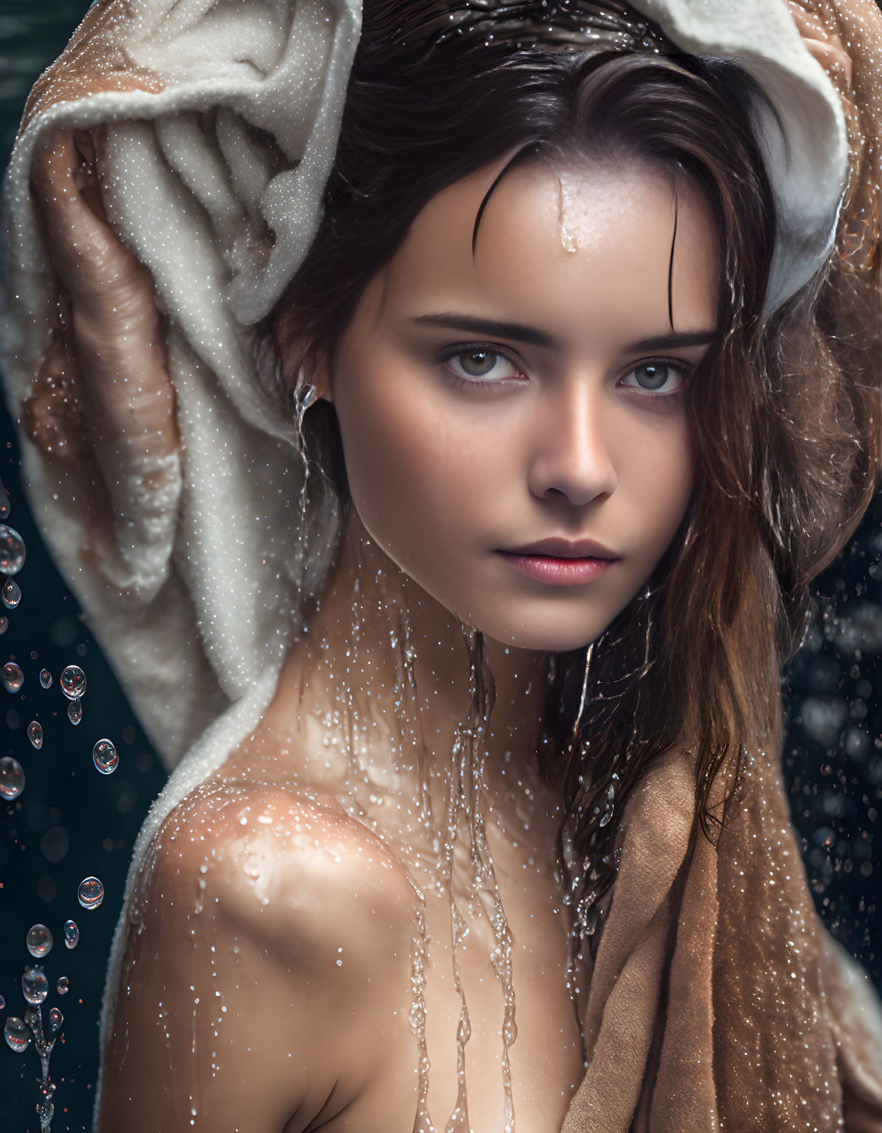 Woman in Beige Fabric Surrounded by Water Droplets and Bubbles