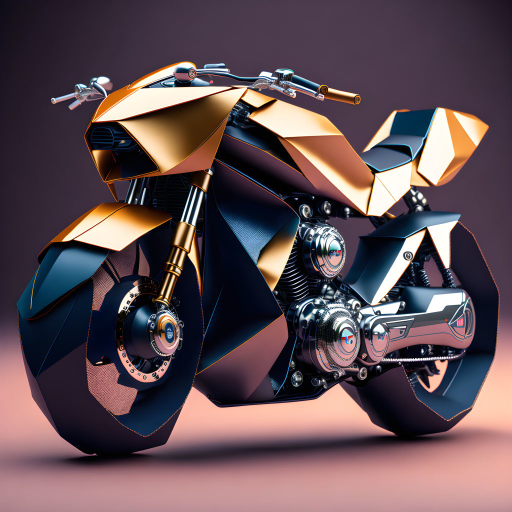 Angular Black and Metallic Gold Futuristic Motorcycle with Exposed Engine