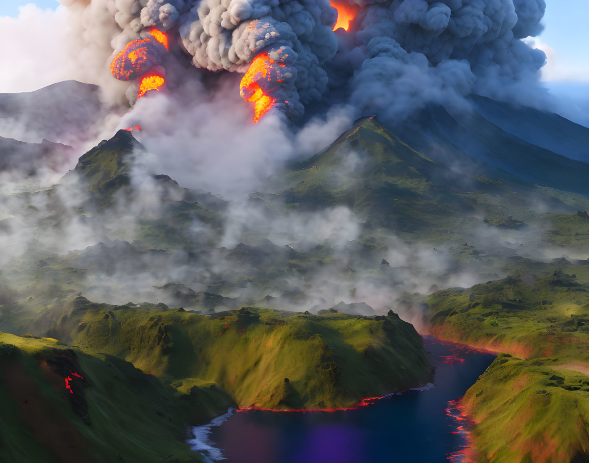 Volcanic eruption with lava flows and ash clouds in mountainous terrain