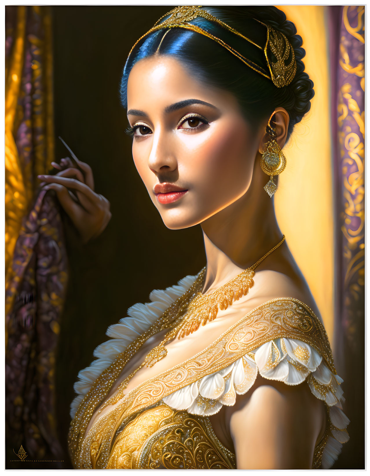 Regal woman with dark hair and golden jewelry poses elegantly