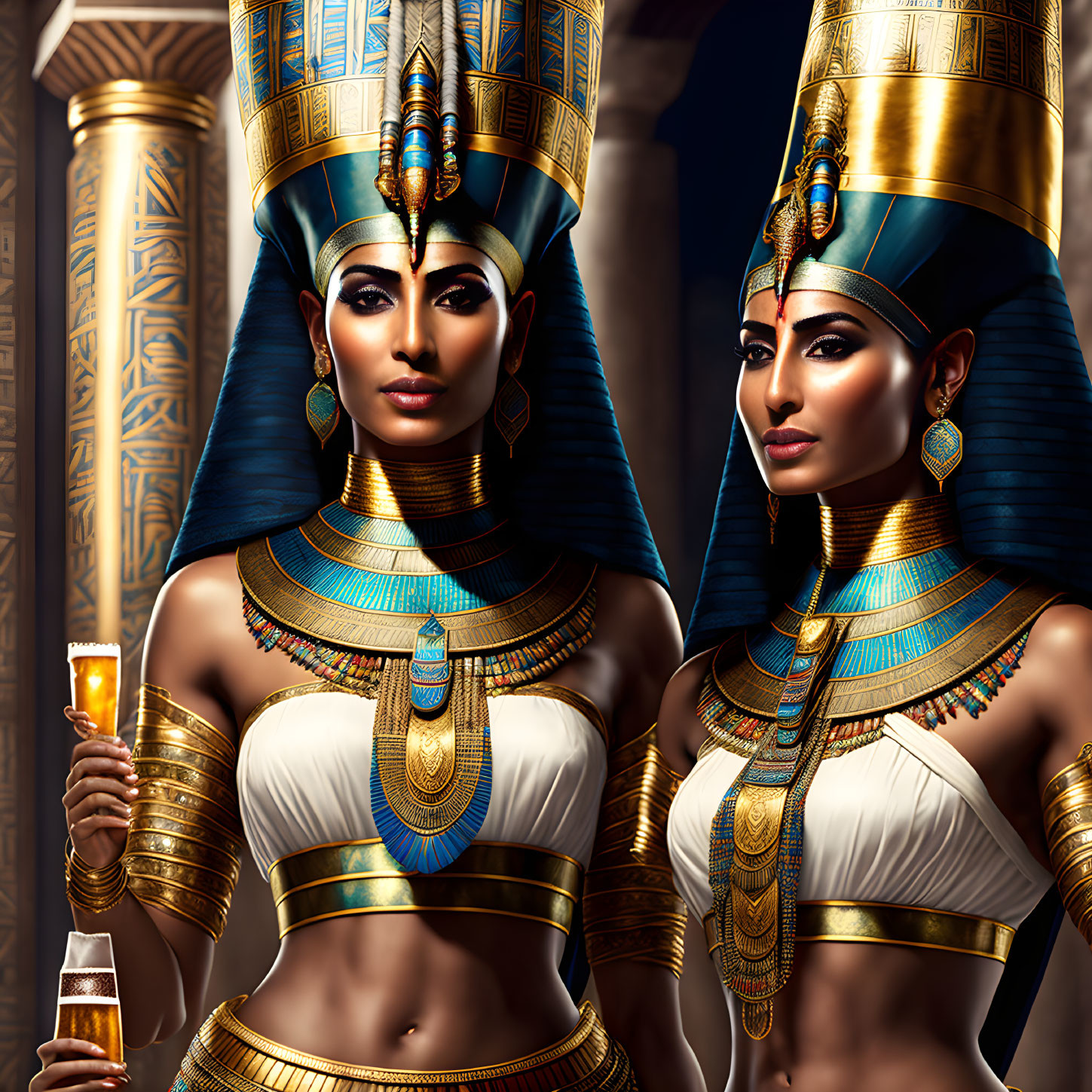 Ancient Egyptian royalty women in traditional attire with golden chalices