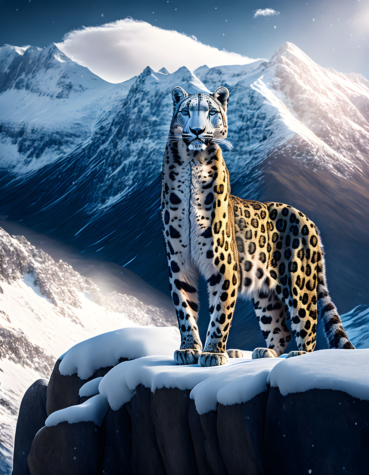 Snow leopard on snowy cliff with mountains under blue sky