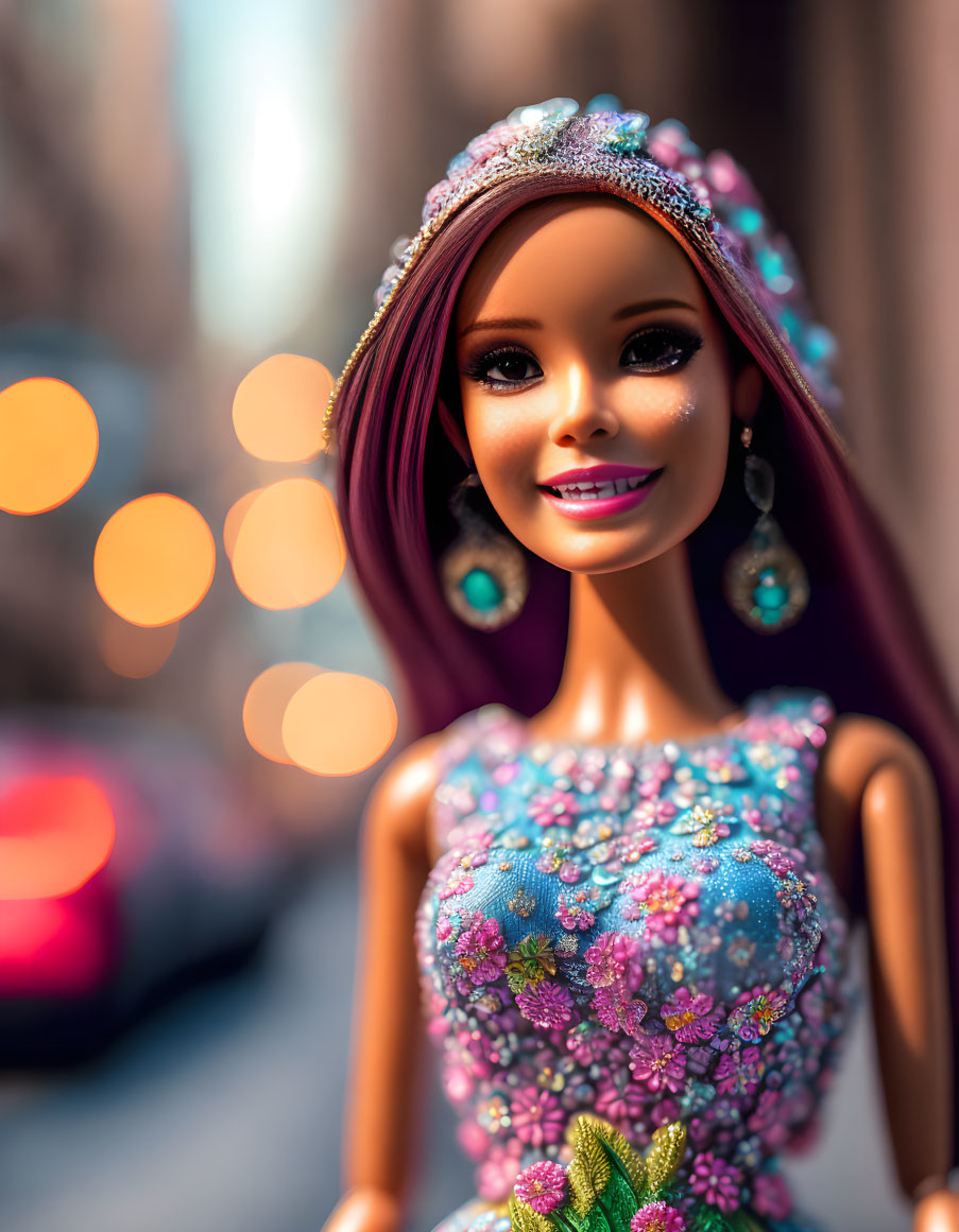 Close-Up Barbie Doll with Purple Hair and Bejeweled Dress on City Backdrop