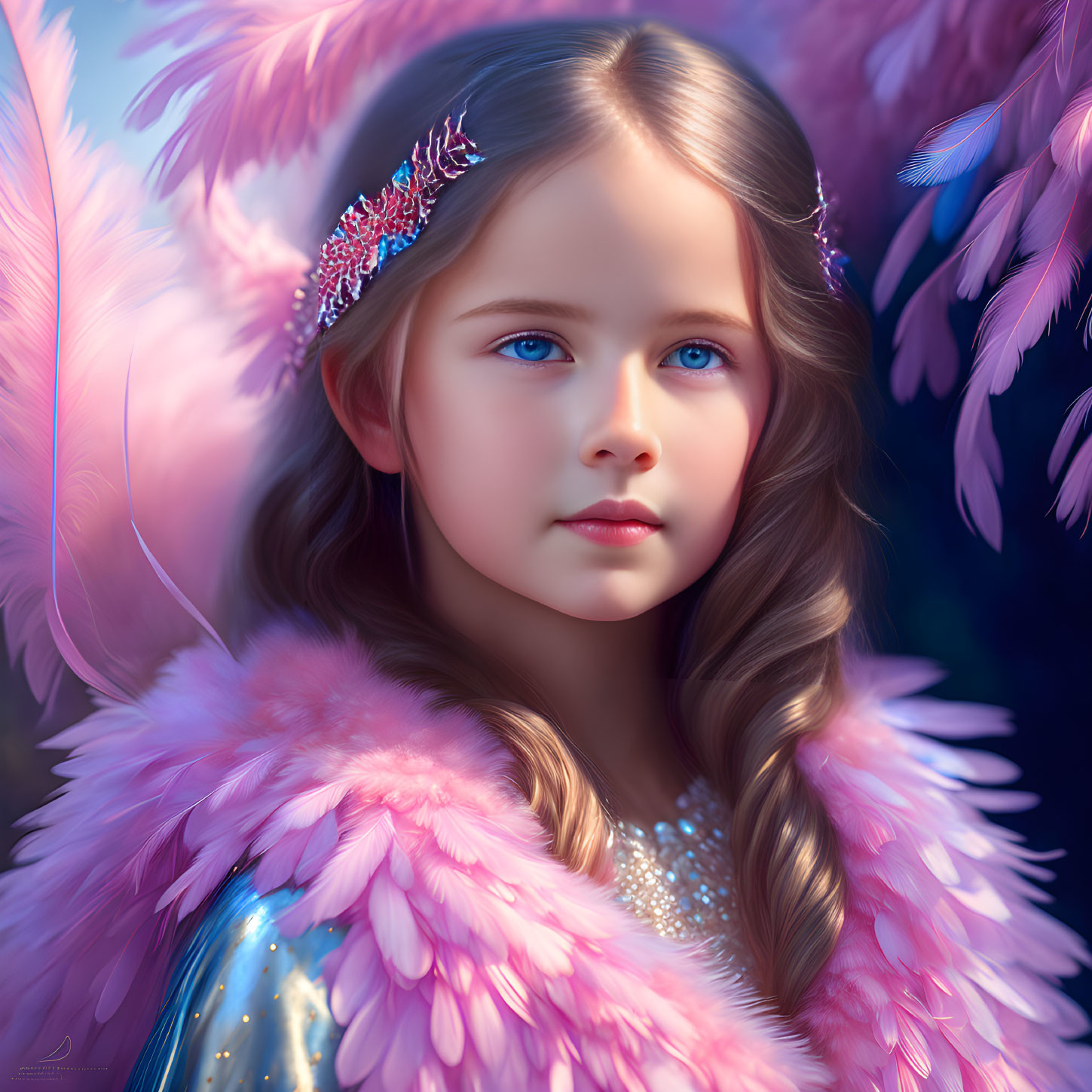 Young girl with blue eyes in sparkling dress and pink feathered jacket.