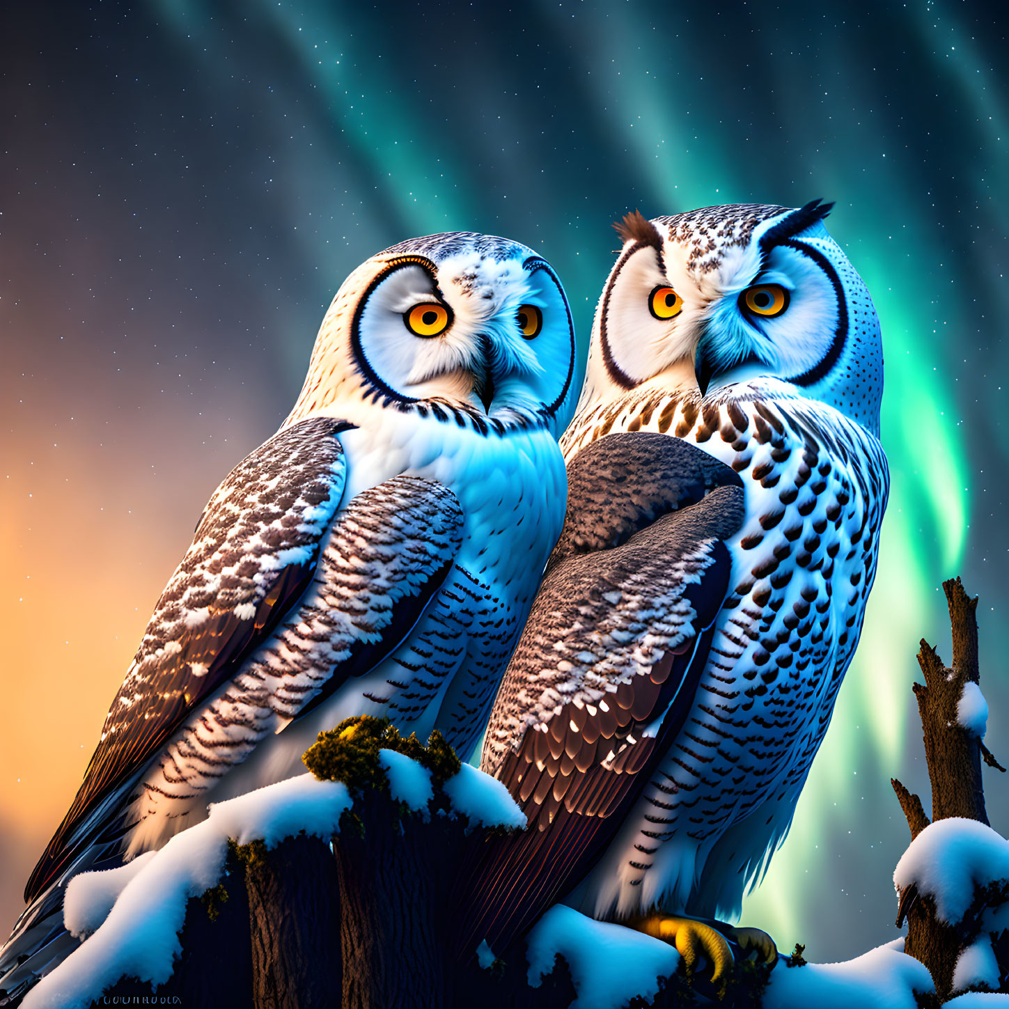 Snowy owls on branch under starry night sky with aurora borealis.