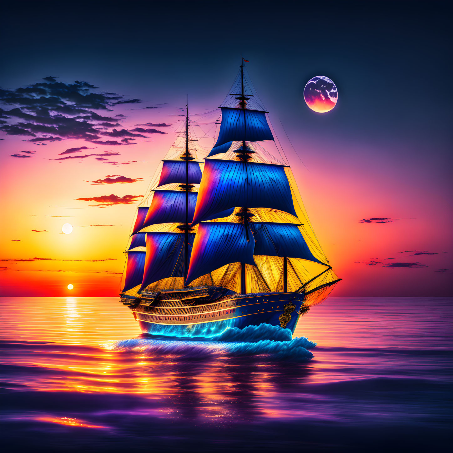 Tall ship sailing on purple ocean at sunset