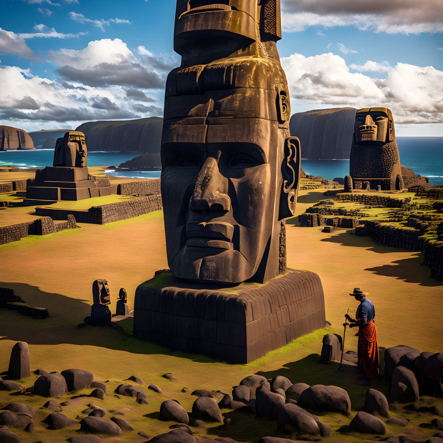 Ancient landscape with stone heads and solitary figure in traditional attire