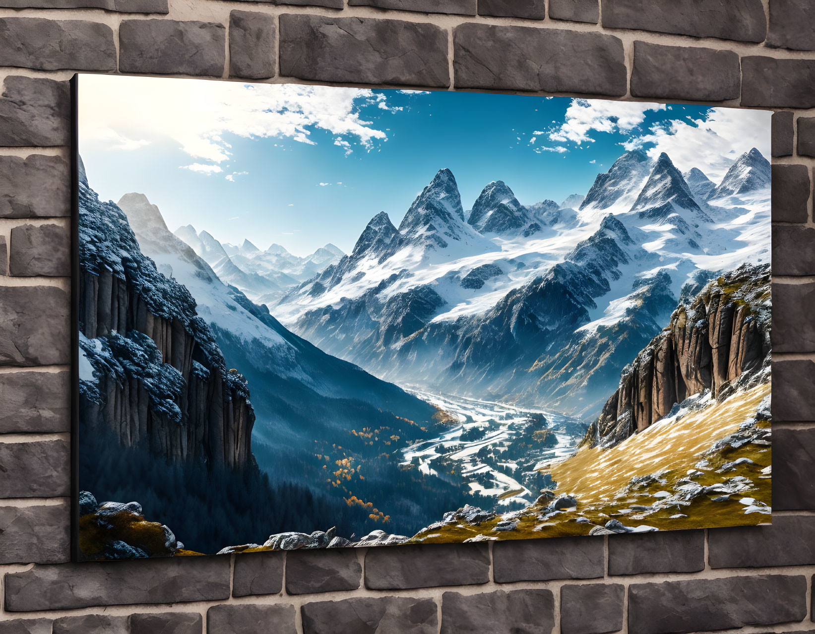 Snowy Mountain Landscape Canvas Print on Stone Wall