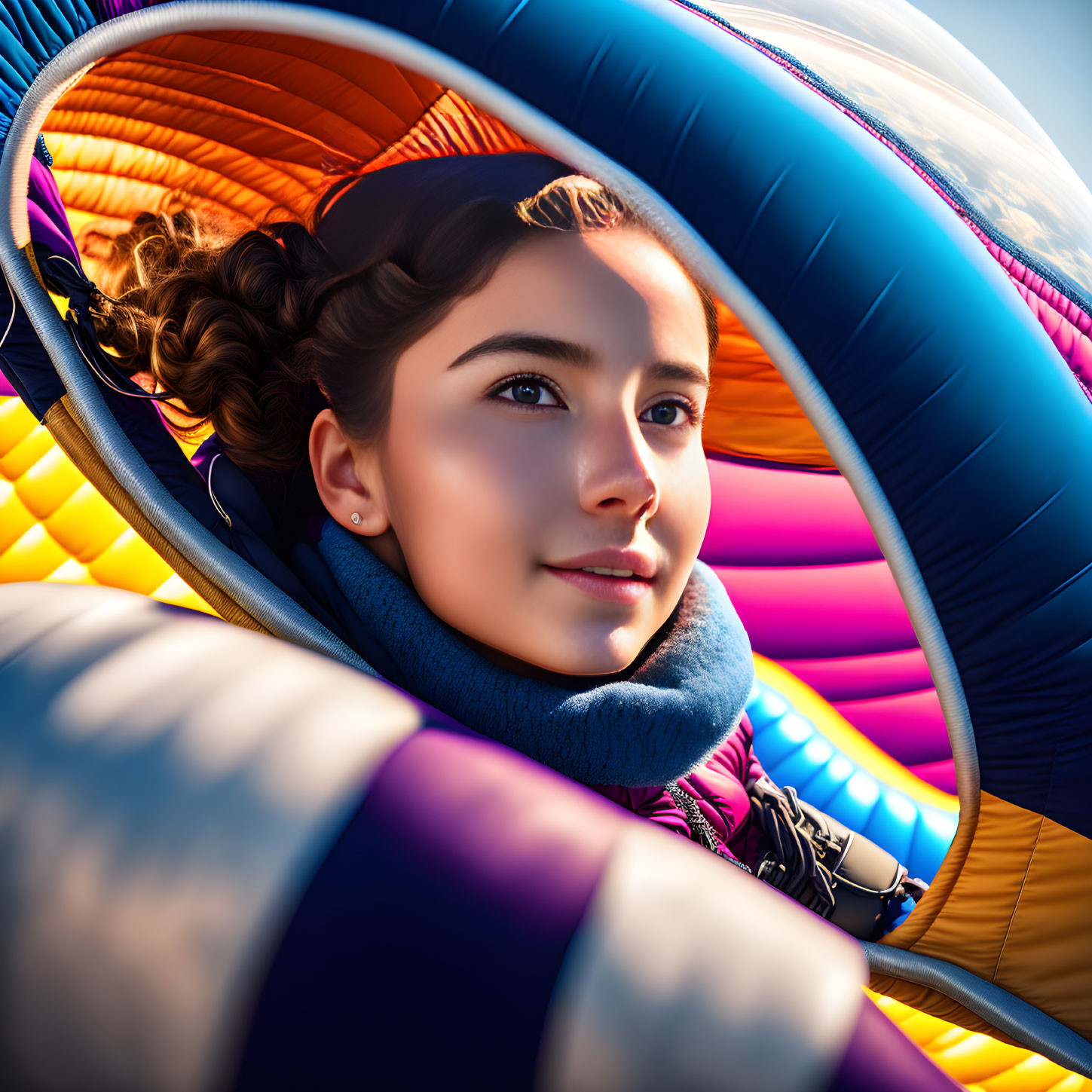 Serene young woman framed by colorful hot air balloon fabric