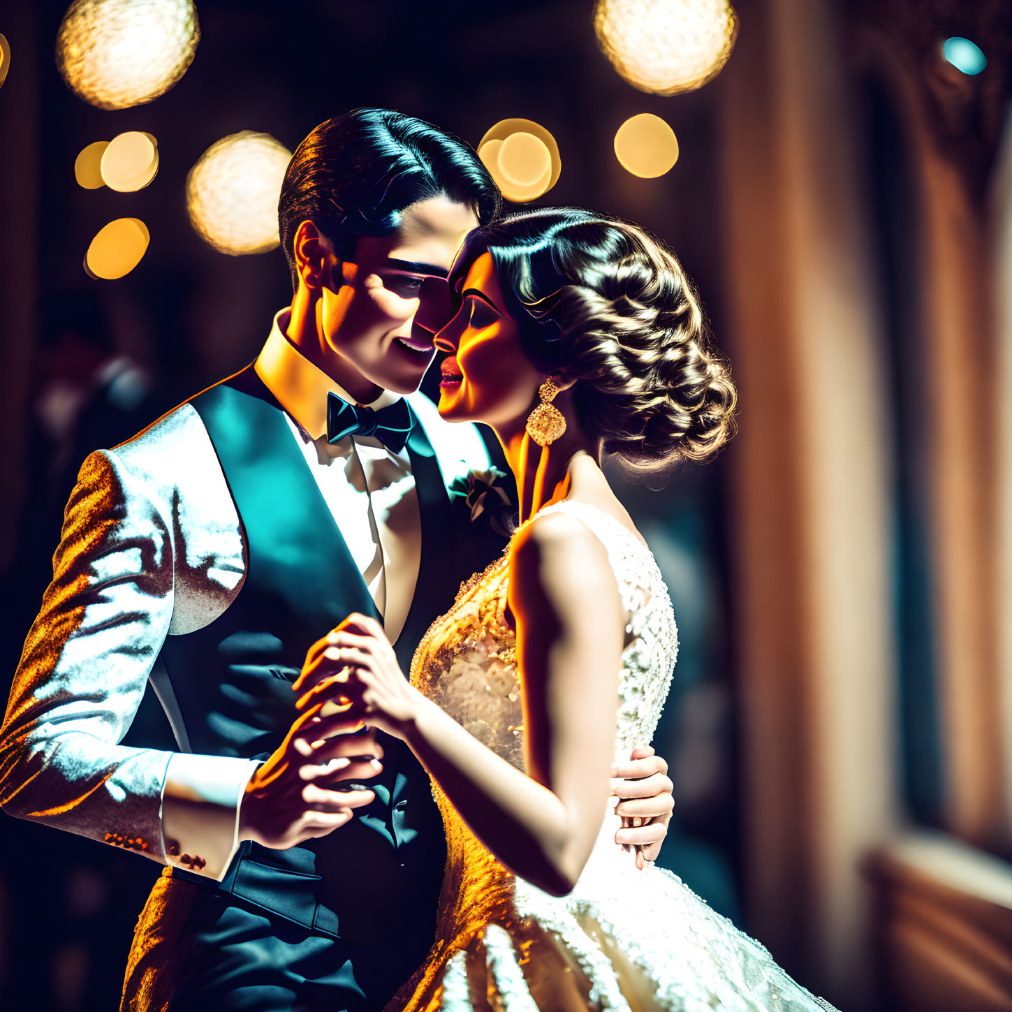 Formal attire couple dancing romantically under warm lights