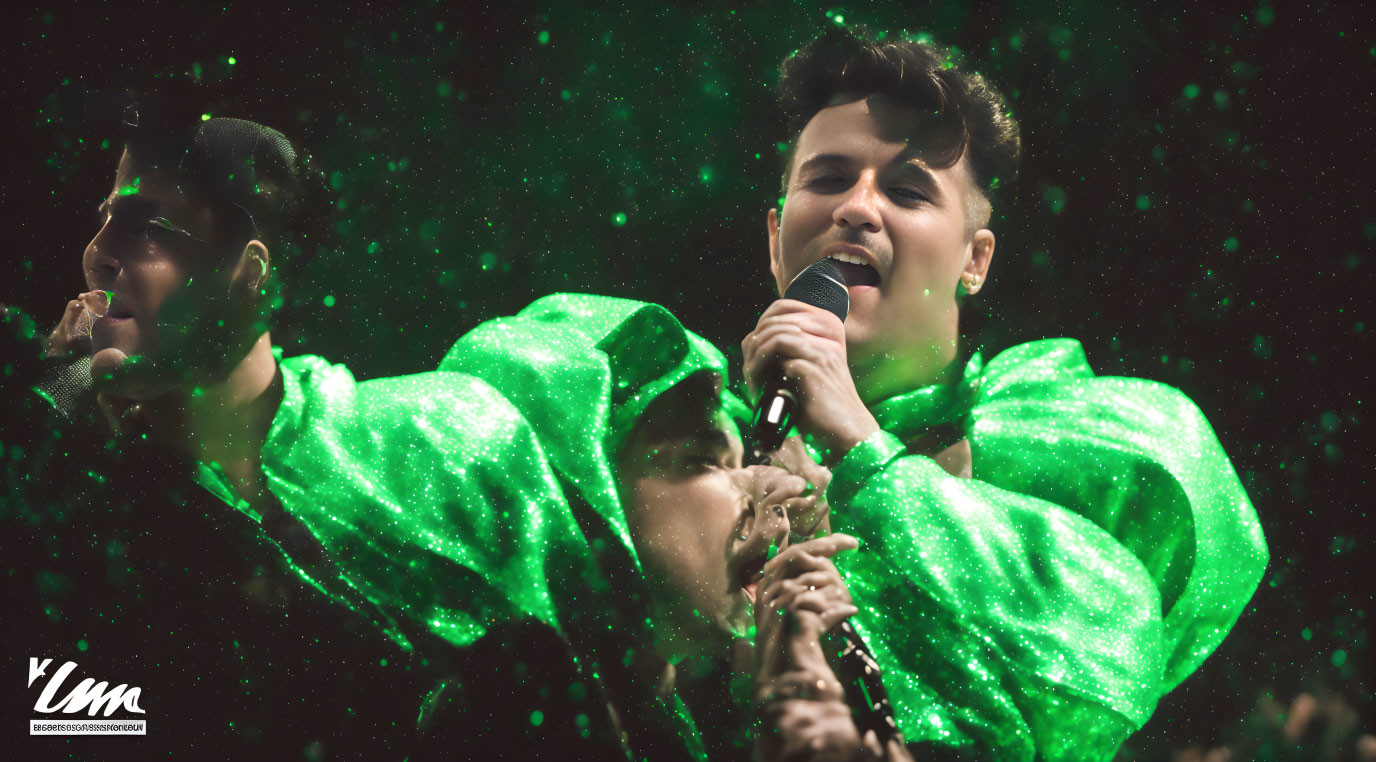 Person in Sparkling Green Jacket Singing with Dynamic Overlay