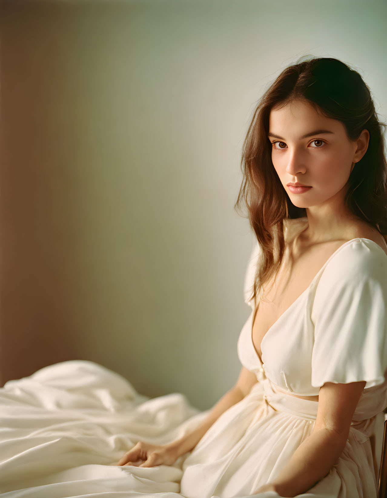 Dark-haired woman in white dress sitting elegantly with contemplative gaze