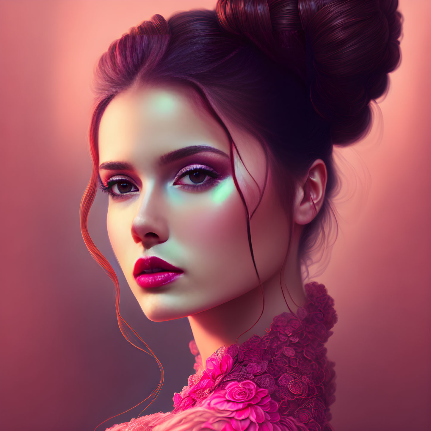 Portrait of Woman with Styled Updo, Pink Makeup, Floral Garment on Warm Pink Background