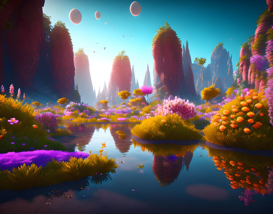 Colorful Fantasy Landscape with Rock Formations, Water Body, Flora, and Moons