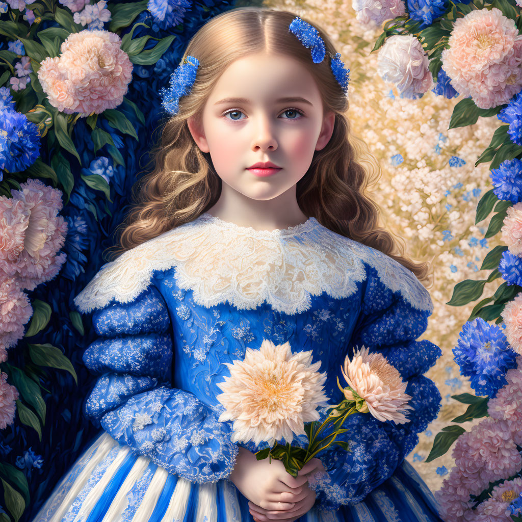 Young girl in blue floral dress holds flowers amid lush peonies