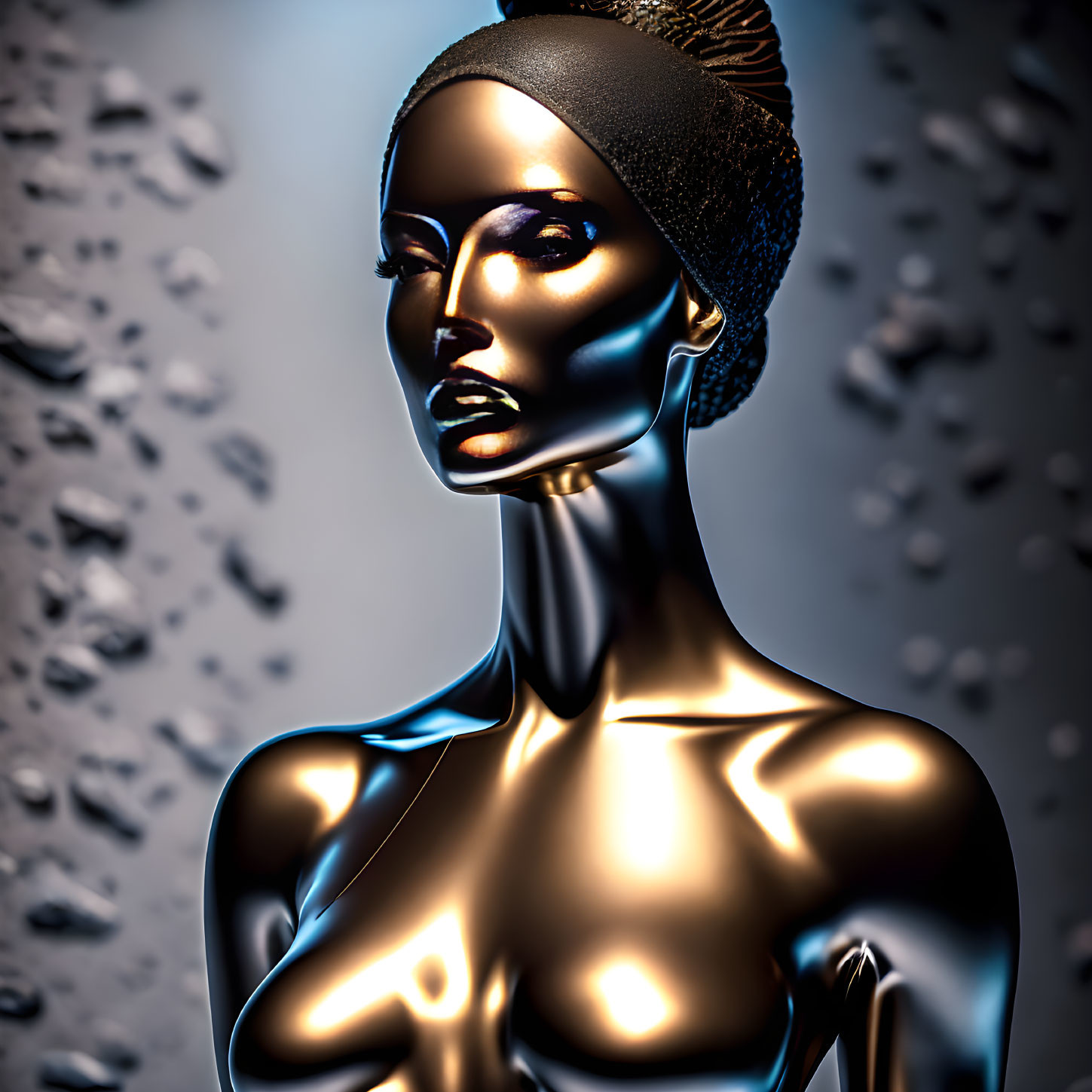 Metallic female mannequin in 3D render with sleek design on blurred water droplets background