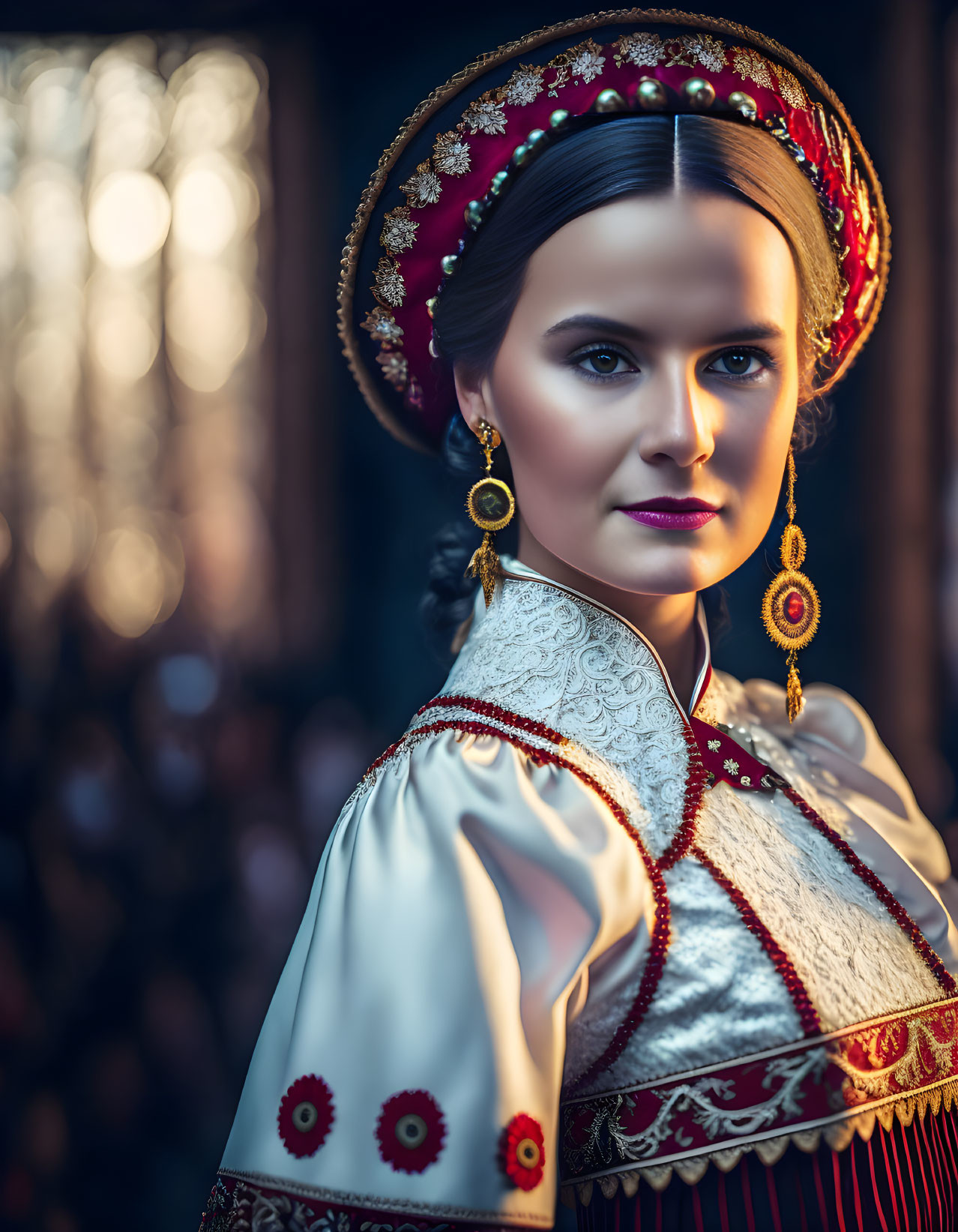 Elaborately dressed woman in traditional attire with bejeweled headdress under soft light