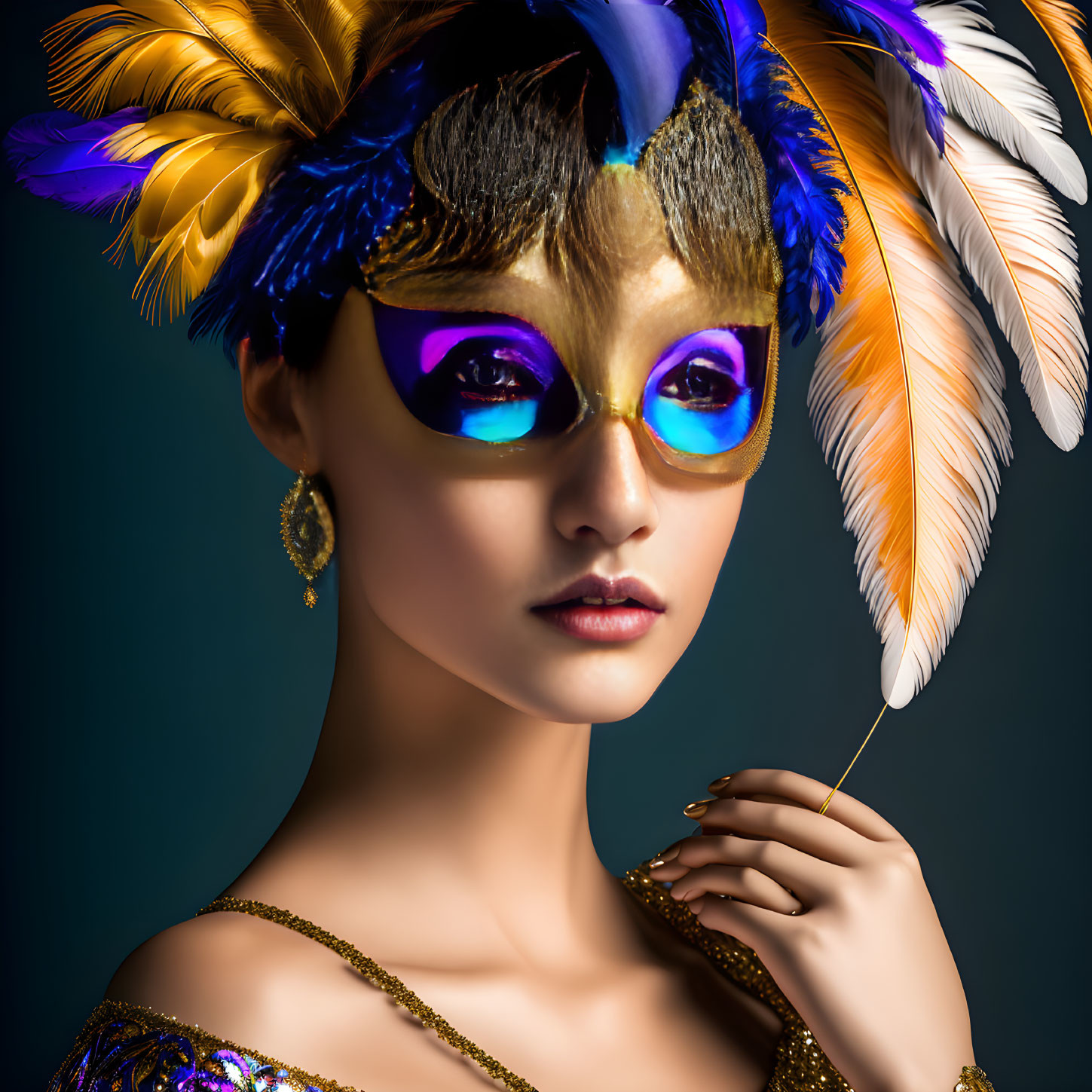 Colorful Feather Masquerade Mask and Sunglasses with Gold Attire on Dark Background