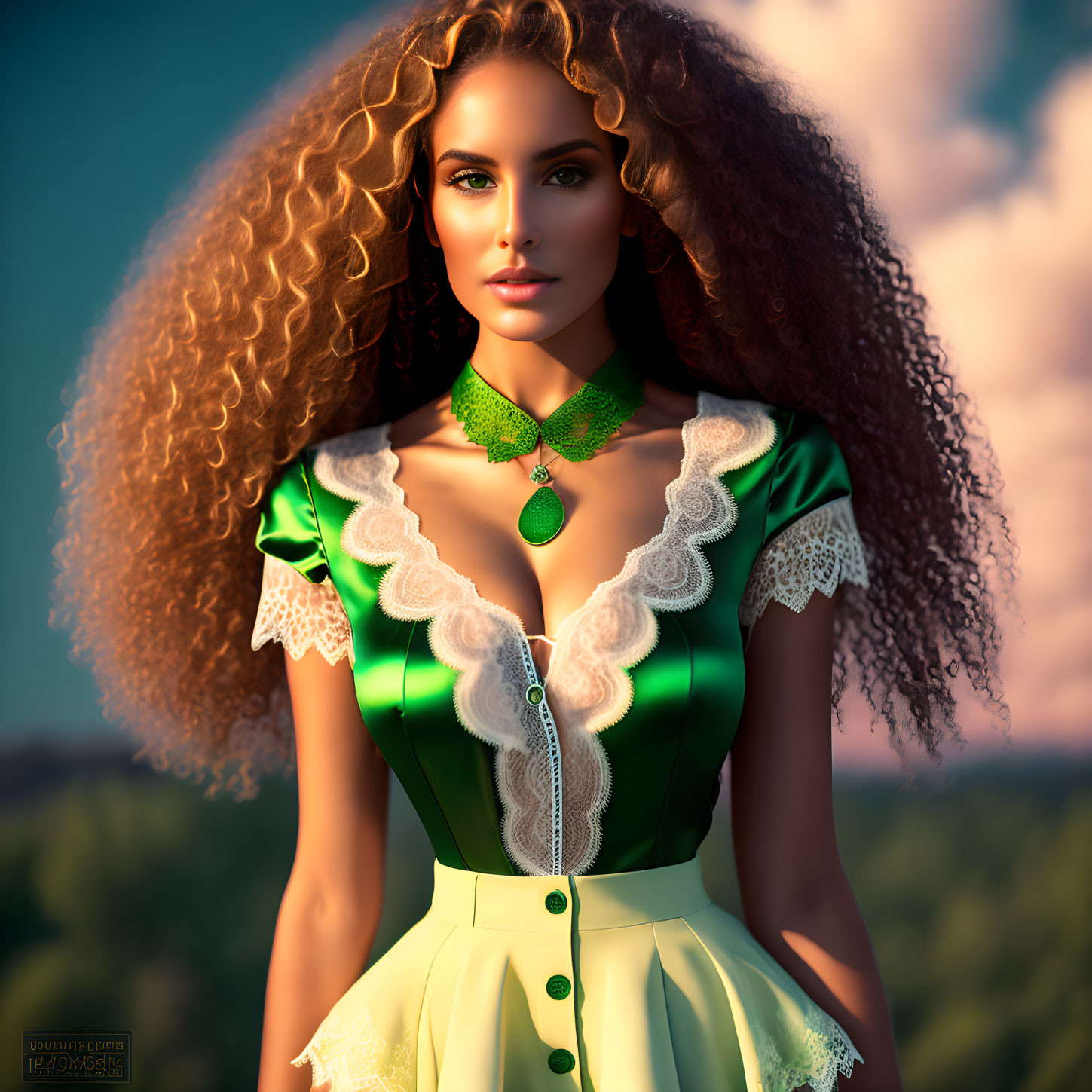 Curly-haired woman in green and white outfit under twilight sky